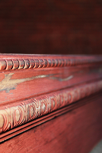 Red distressed table made from an old window