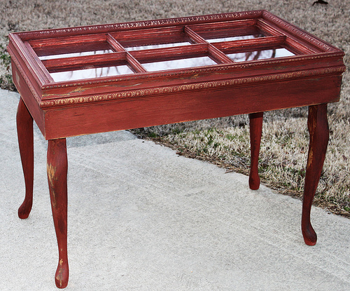 Red distressed table made from an old window