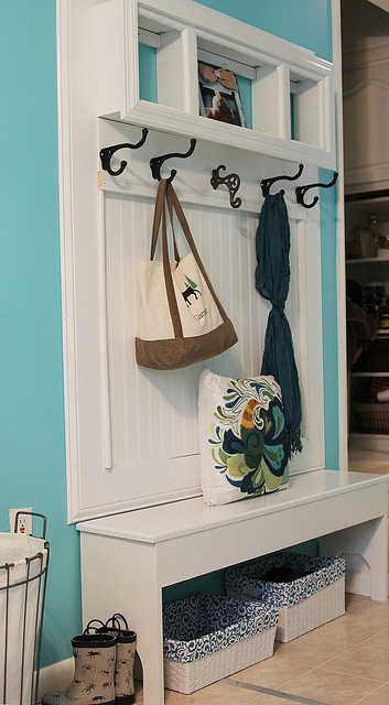 Aqua blue and beadboard white mudroom bench