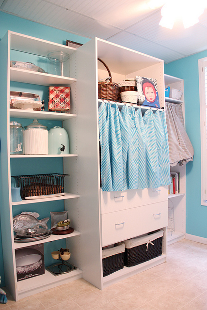 aqua blue and white shelving