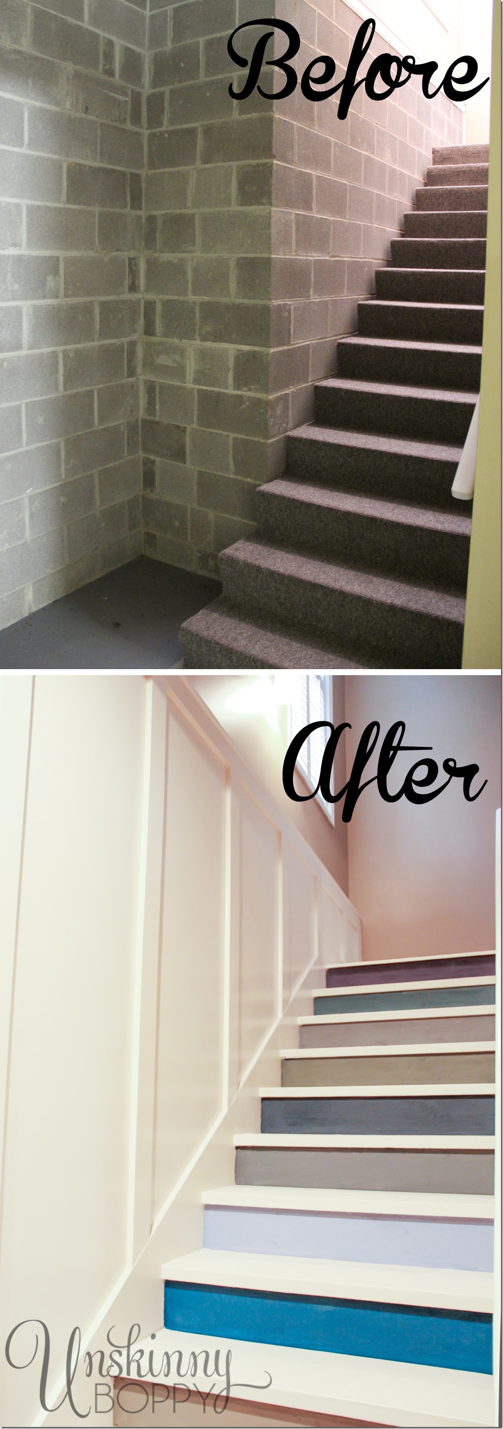 Before and After of Basement stairs painted with multicolored paint