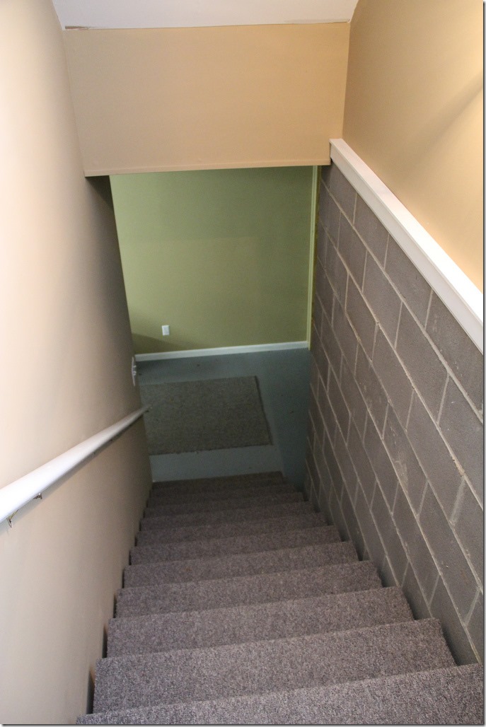 Our basement stairs needed a serious transformation. Here's the before picture of our stairs. 