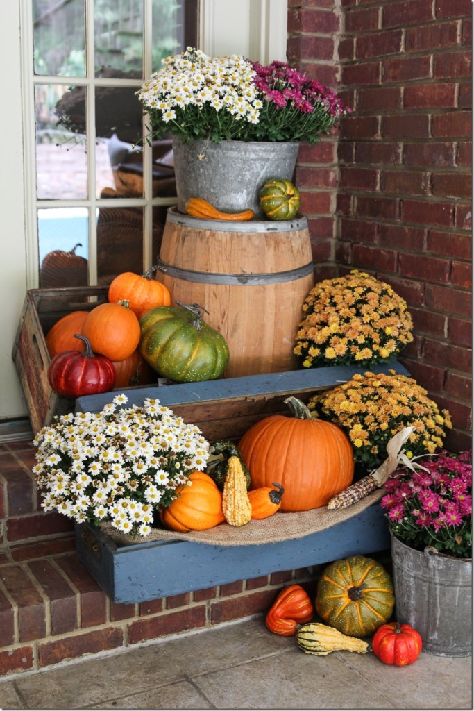 Fall porch decor with mums and pumpkins