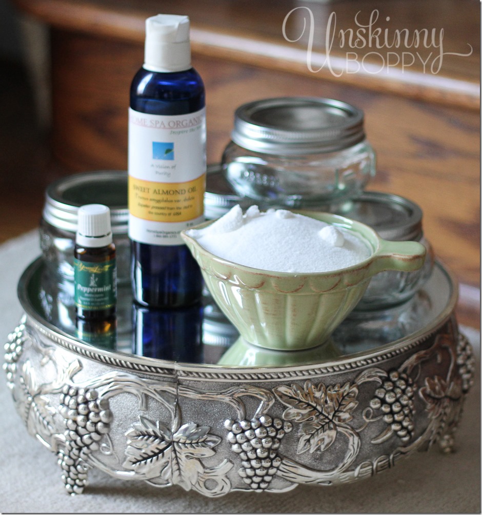 Ingredients for DIY gift- sugar scrub with Yount Living peppermint essential oil