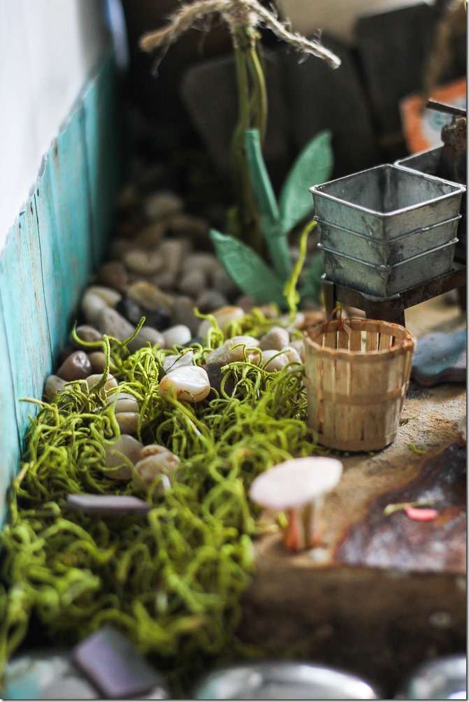 Garden details, moss, rocks, and plants in my DIY Fairy Garden