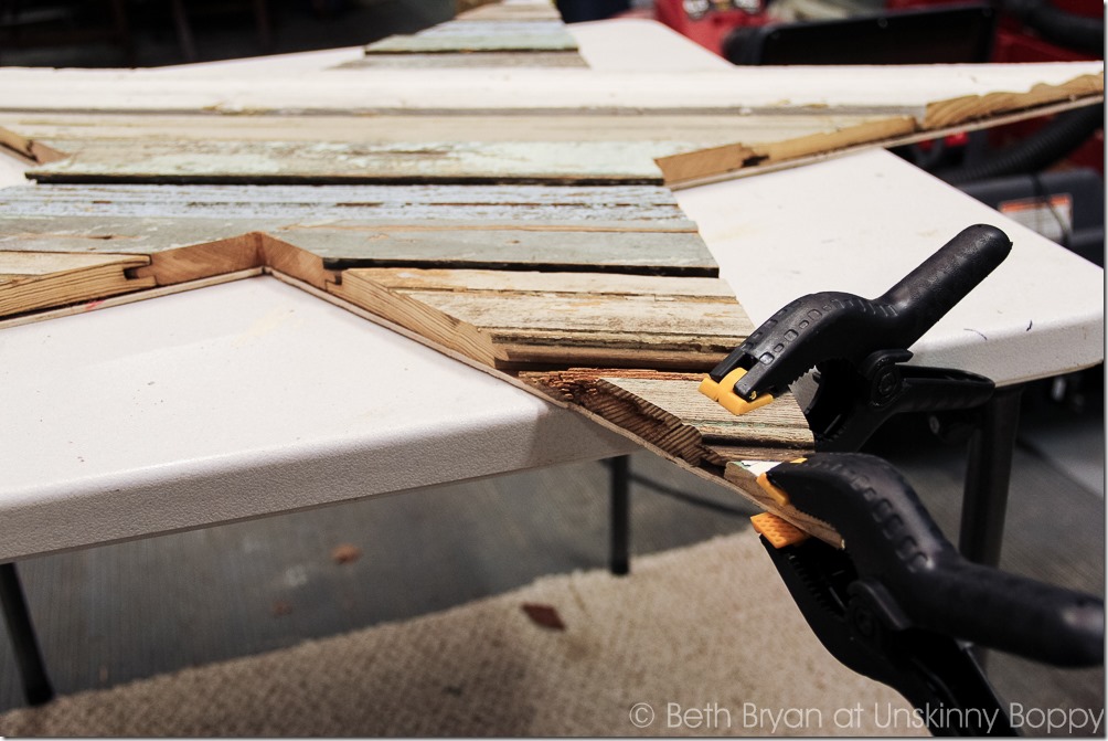 If some of the wood pieces come loose during the edge trimming, just reglue them down with clamps to quick dry the glue. 