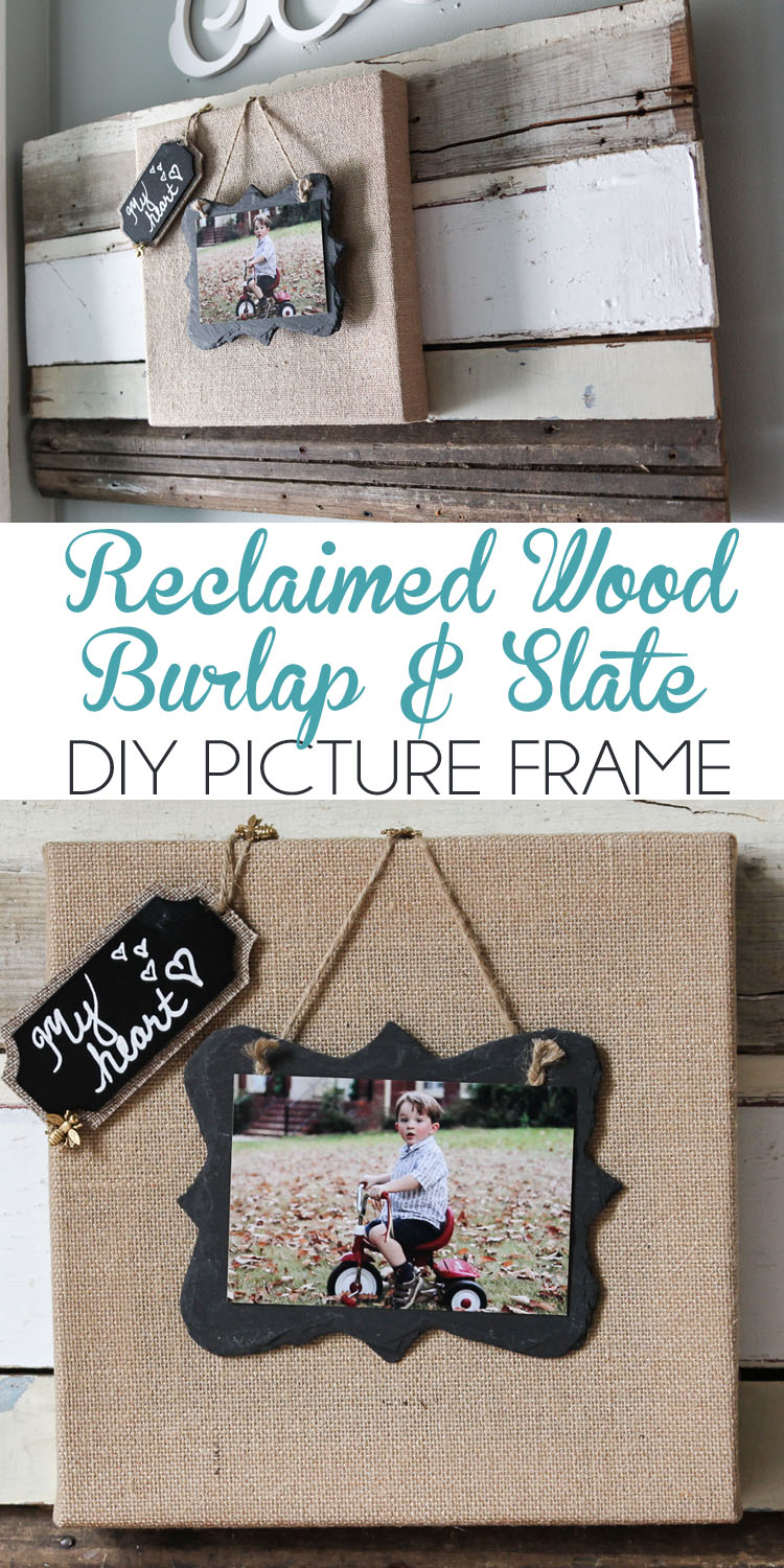 Burlap and slate picture frame on reclaimed wood