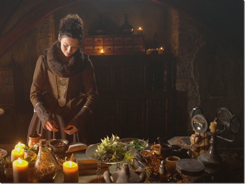 Claire Fraser mixing herbs in her apothecary