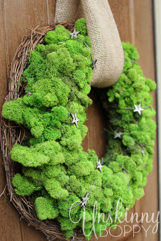 DIY Reindeer Moss Wreath layered over grapevine wreath