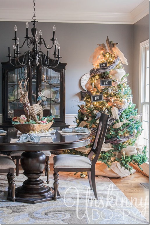 Christmas tree in the dining room with plaid