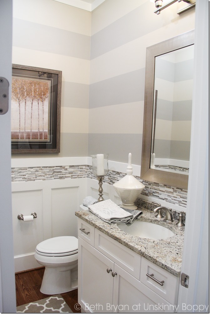 Grey Striped Walls in bathroom 2015 Birmingham Parade of Homes decorating Ideas. Built by Town Builders in Mt Laurel, Birmingham Alabama. 