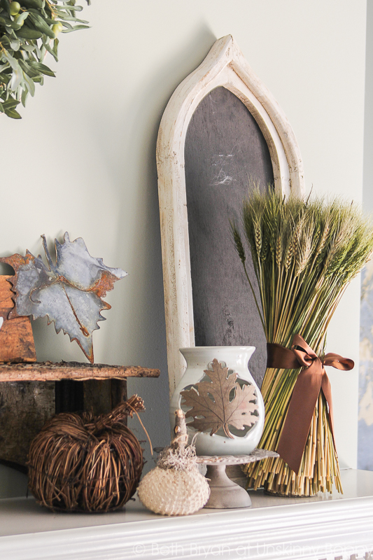 Fall Mantel Decor with galvanized leaf and wheat bundle