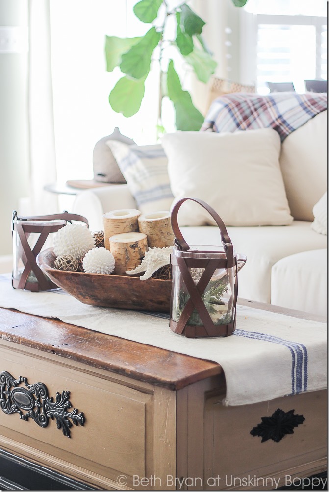 Coffee table decor with bread bowl and french grain sack