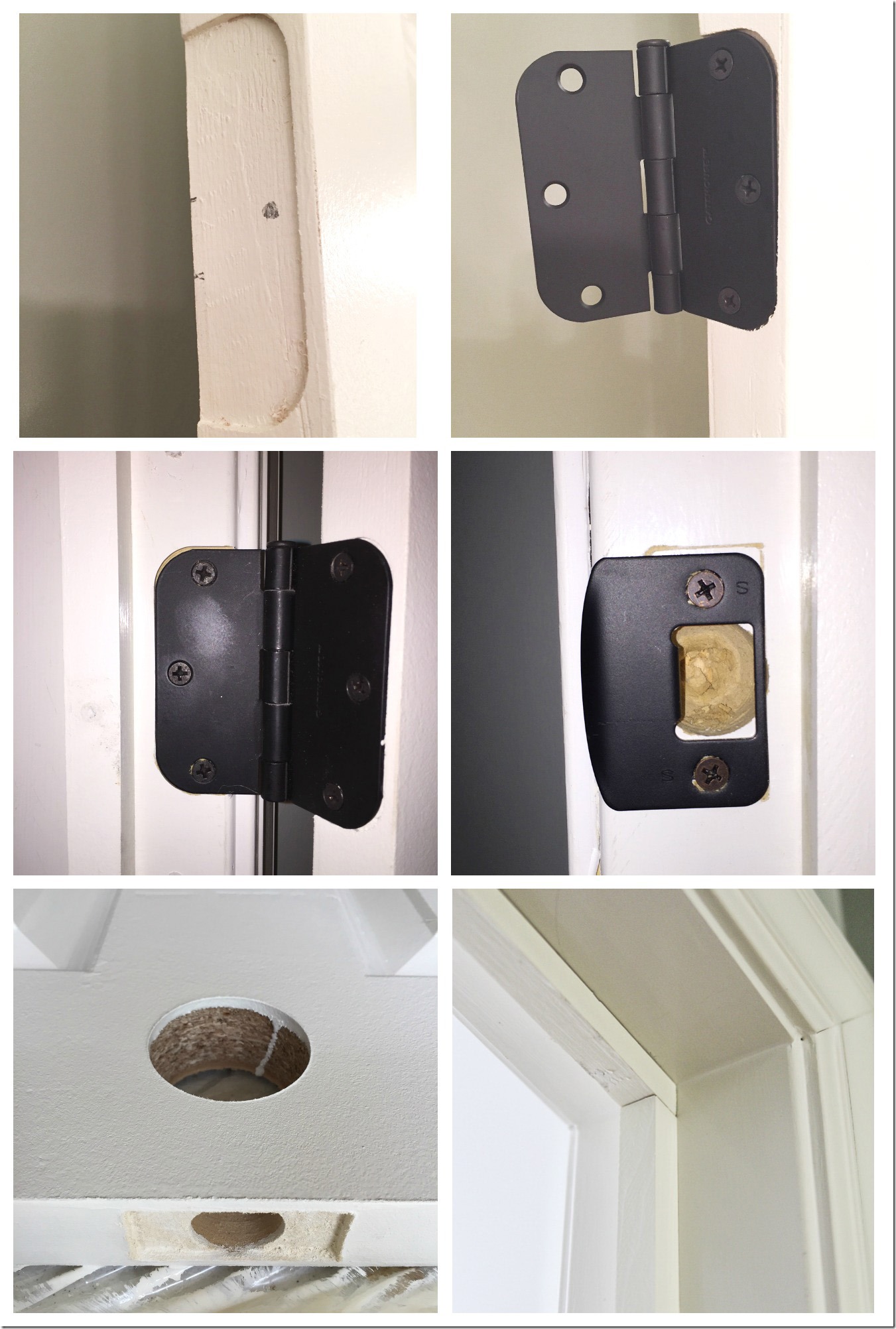 As installed a door into a cased opening in our master bathroom entryway. Here are the details; newly installed door hinges, locks, and the door knob hole. 