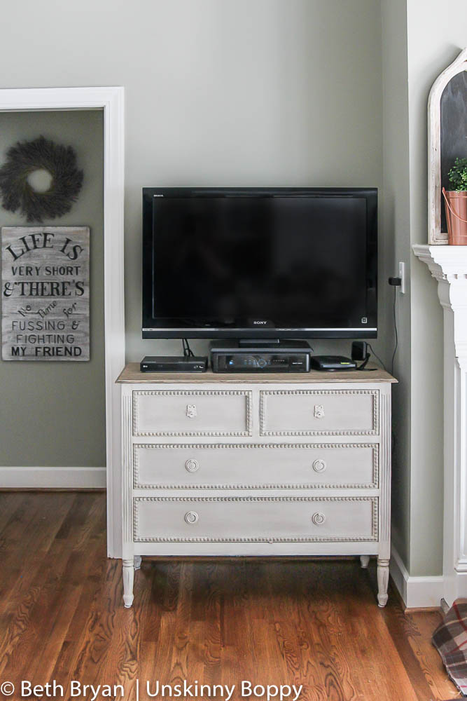 Caroline Chest by Gabby Furniture- painted burlap drawer fronts and beaded edging