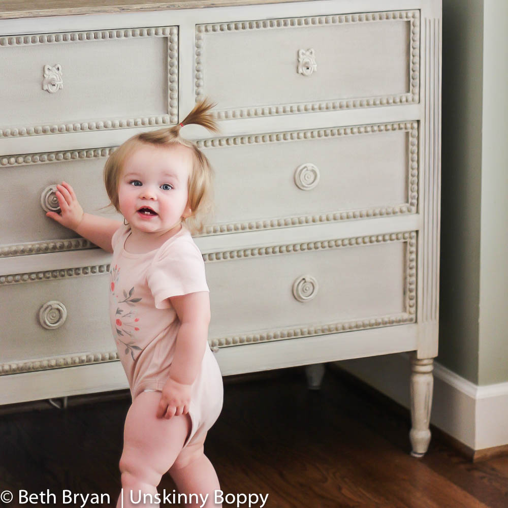 Caroline Chest by Gabby Furniture- painted burlap drawer fronts and beaded edging