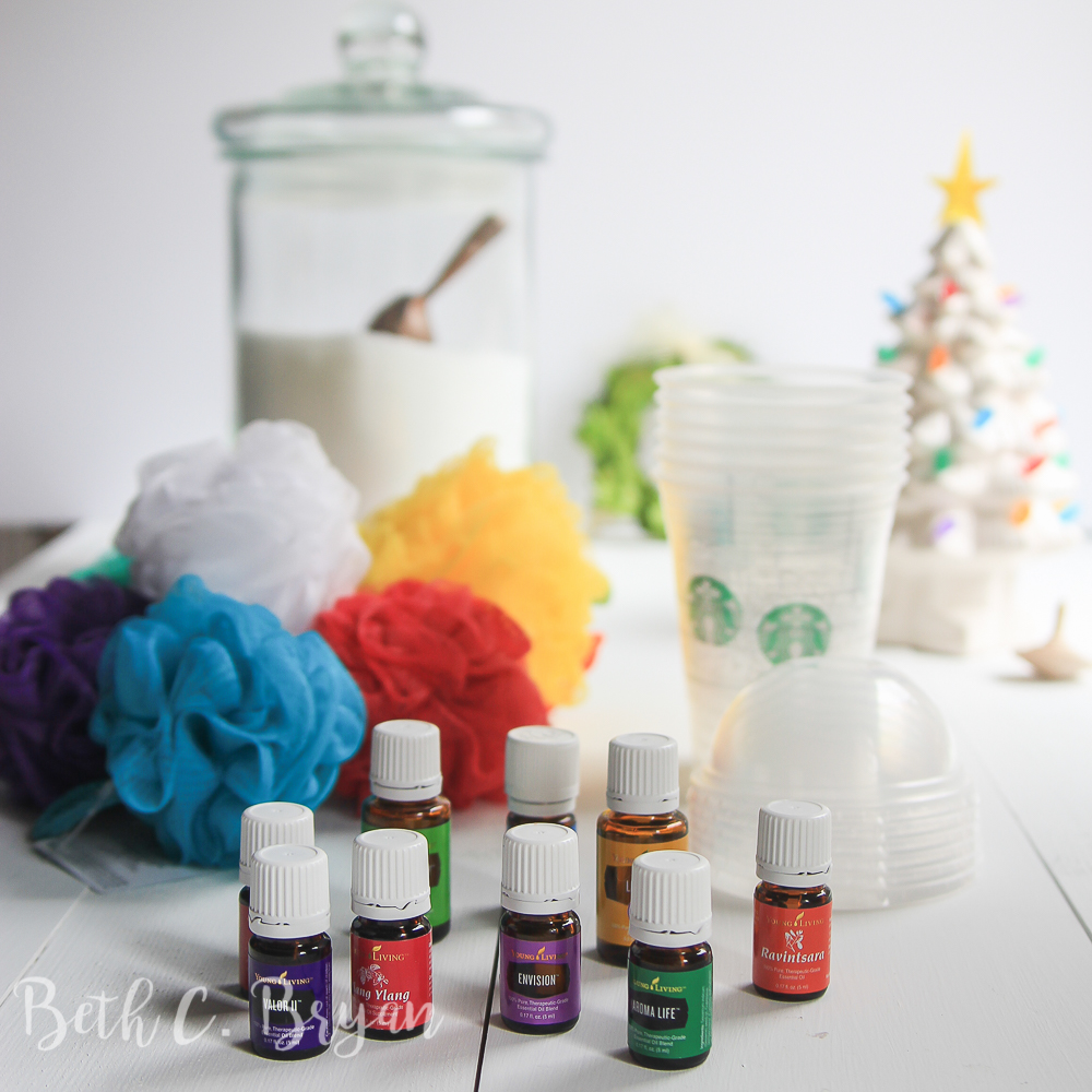 Essential oil Christmas gift idea- Starbucks cup, epsom salt and shower poof! 