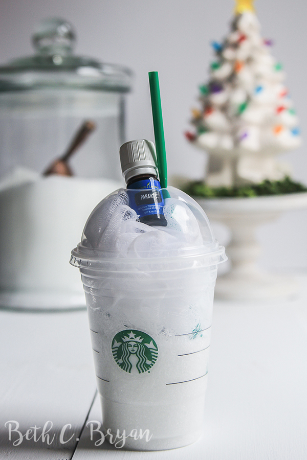 Essential oil Christmas gift idea- Starbucks cup, epsom salt and shower poof! 