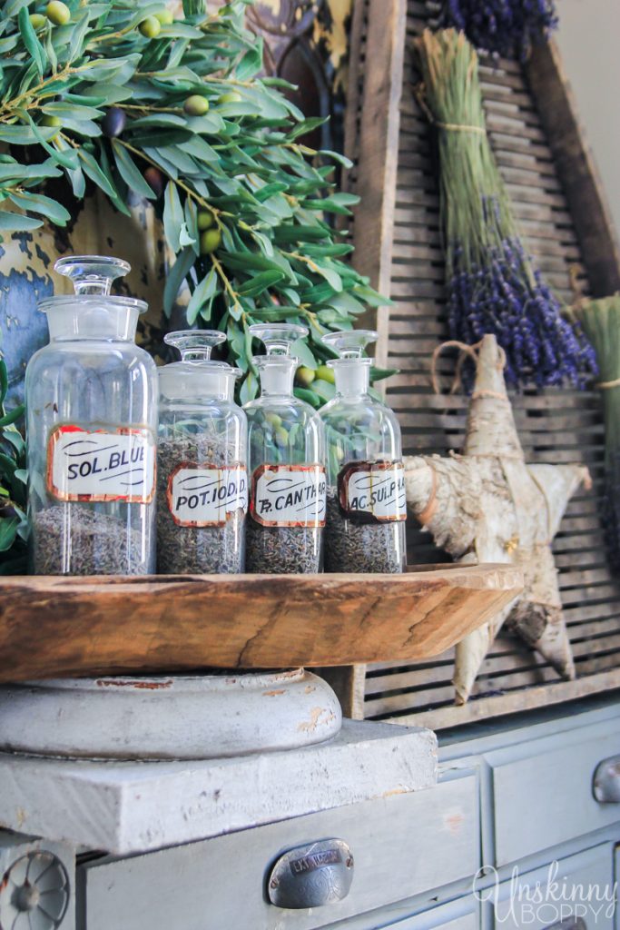 vintage glass apothecary jars with glass labels