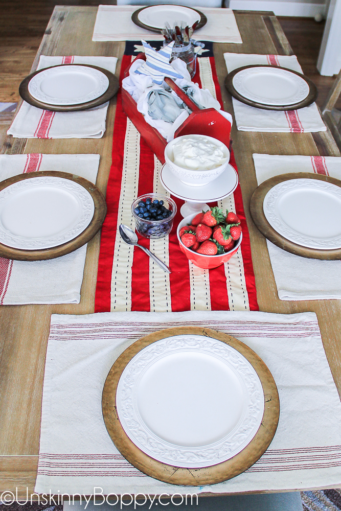 Red white and blue tablescape with grain sacks