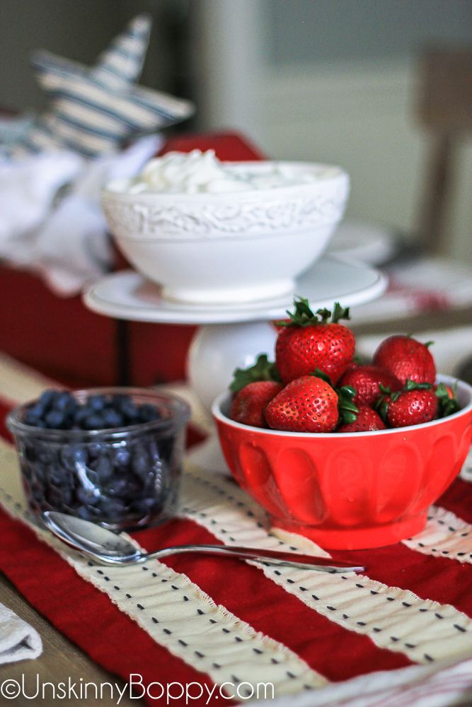 Strawberries, blueberries and whipped cream for 4th of july