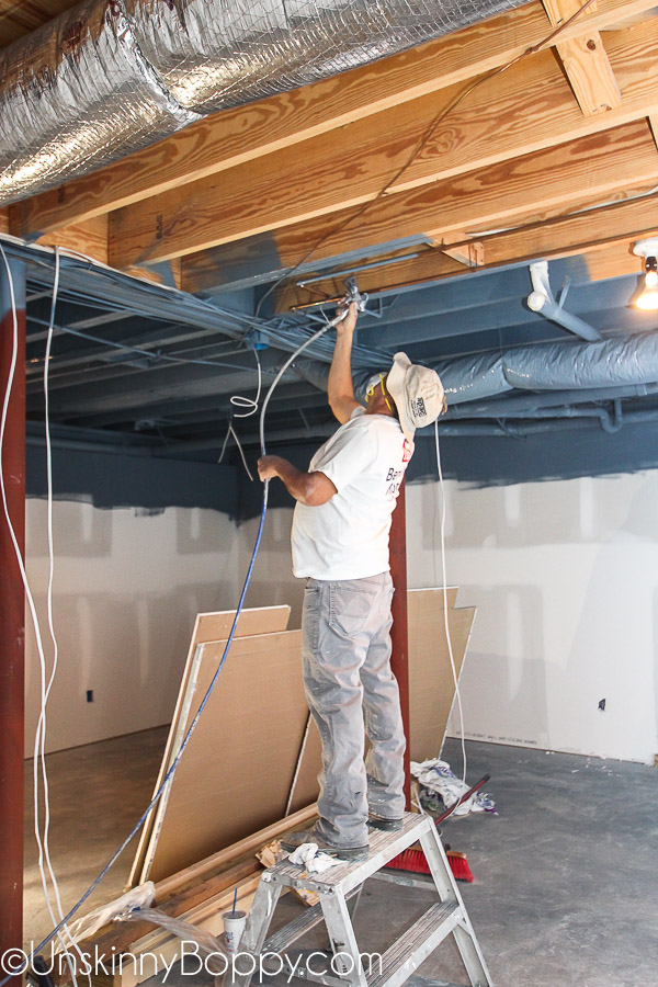 Painting Ceiling Rafters Shelly Lighting   Basement Remodel With Painted Blue Ceiling 21 