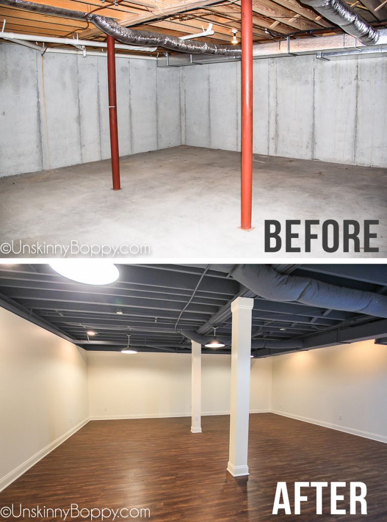 Basement Remodel with painted blue ceiling before after 2