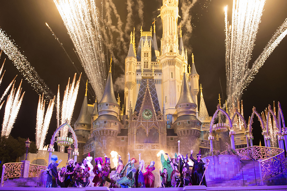 Villain Spelltacular in front of the castle at Mickey's not-so-spooky Halloween party at Disney World