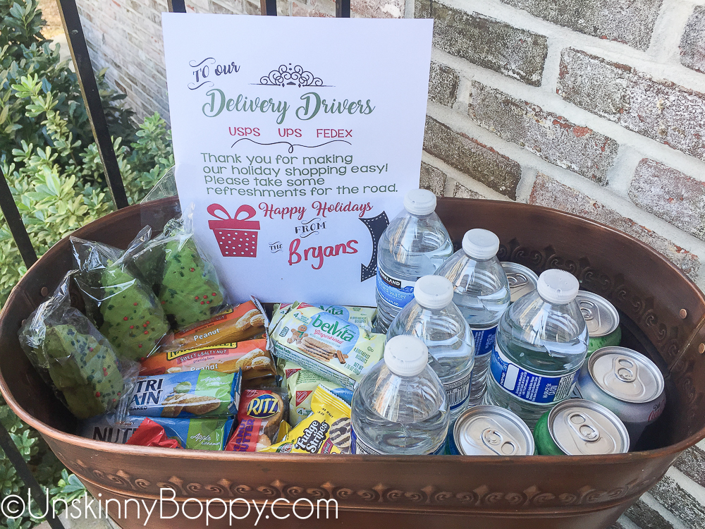 Bucket of treats for postal workers and amazon delivery drivers