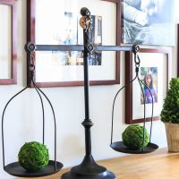 Weights and measure farmhouse decor with moss balls