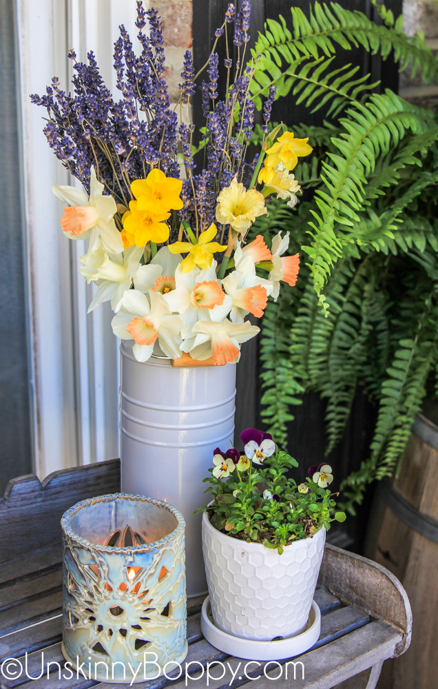 Daffodils and dried lavender in an IKEA grey bucket