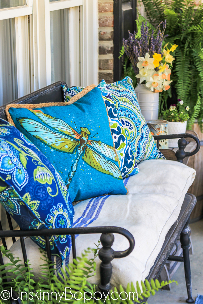 Blue and green dragonfly outdoor pillow from Lowes