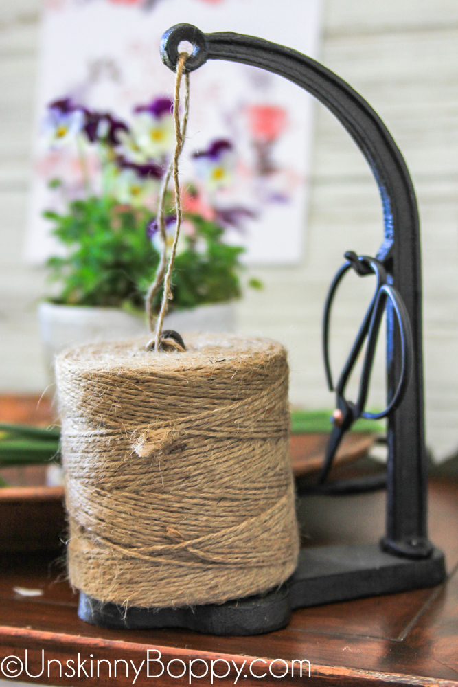 Farmhouse style cast iron twine and tiny vintage scissors holder. 