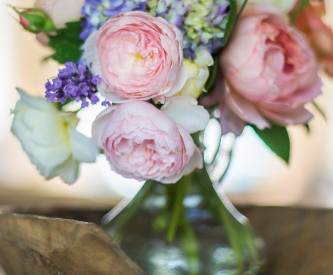 Cut flower arrangement of roses, hydrangea and lavender