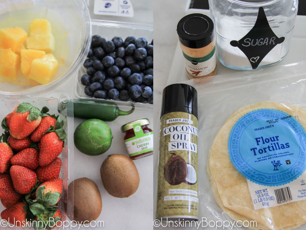 Ingredients for Cinnamon sugar churro chips with strawberry salsa