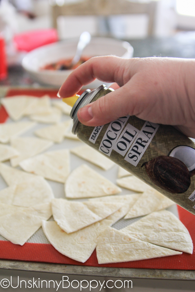 Spray chips with cooking spray