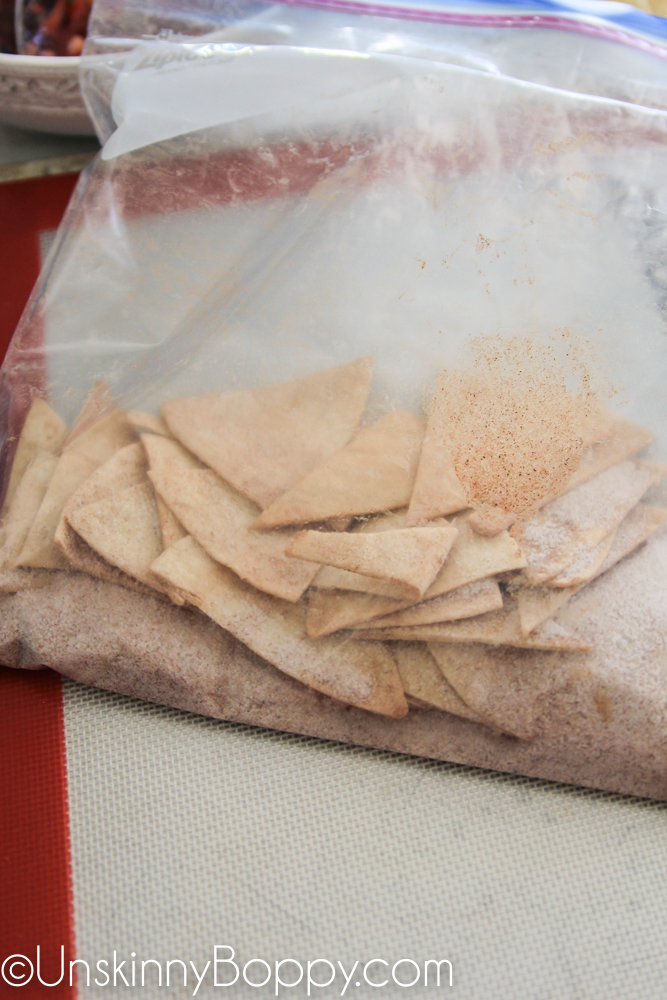 Shake chips in cinnamon sugar mixture in a ziptop bag