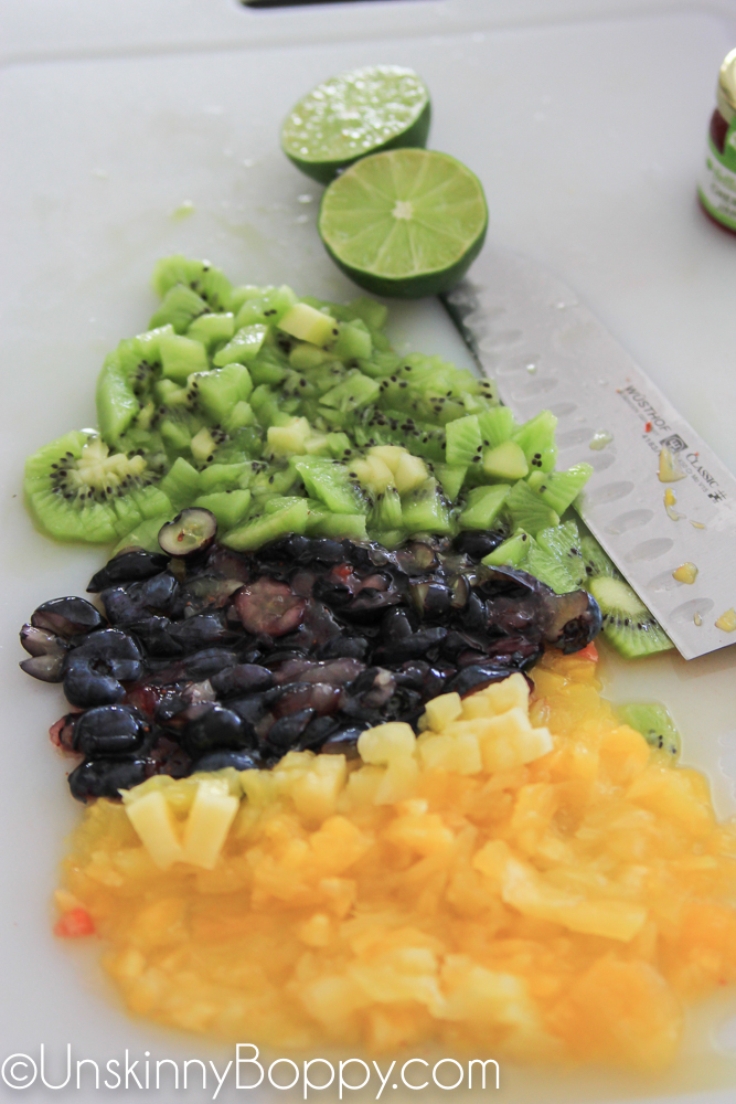 Pineapple, blueberries, kiwi and lime for fruit salsa