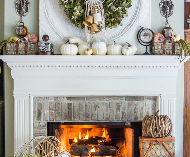 Fall Mantel with Cream and Green color scheme