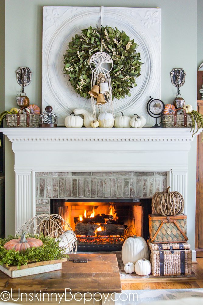 Fall Mantel with Cream and Green color scheme