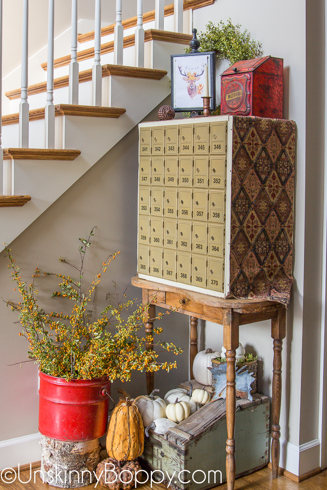 Fall Foyer Decor with old post office boxes