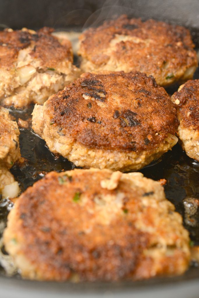 keto patties cooking in skillet