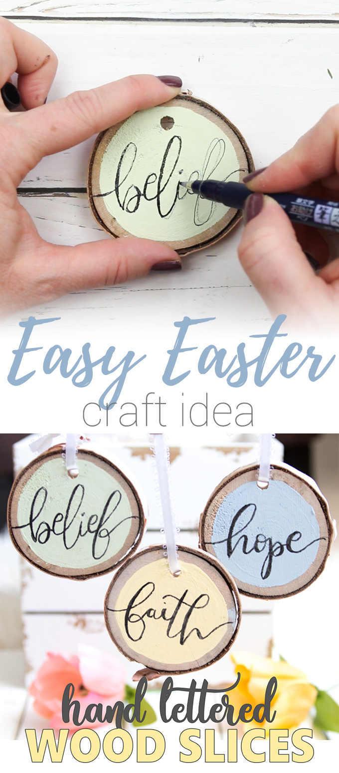 These hand-lettered Easter wood slice ornaments are simple and easy to make. Make time for this fun Easter craft the whole family will love! 