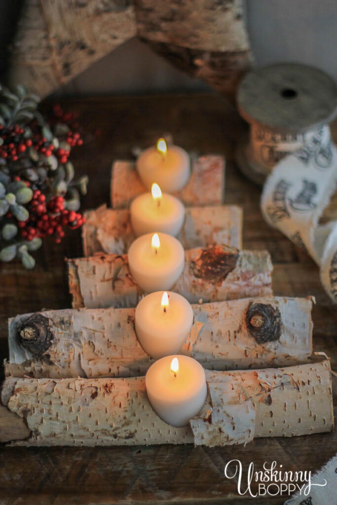 Birch Log Candle Holder in shape of Christmas Tree