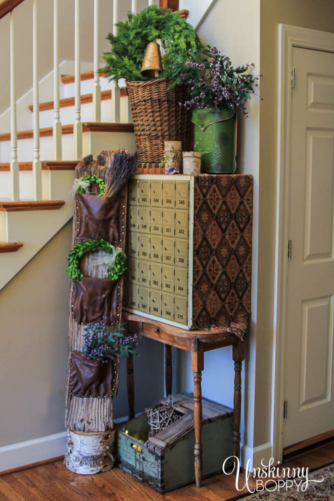 Rustic Foyer Decor with wood, leather, lavende