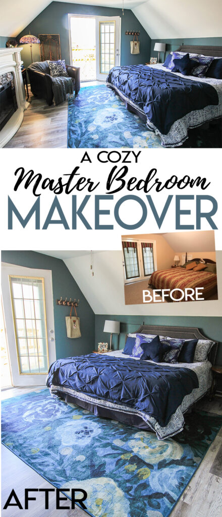 Want to make your master bedroom feel like a cozy vacation retreat? This  Master Bedroom before and after makeover features the Camellia Midnight rug from Ruggable and pretty teal blue paint to match! #ad