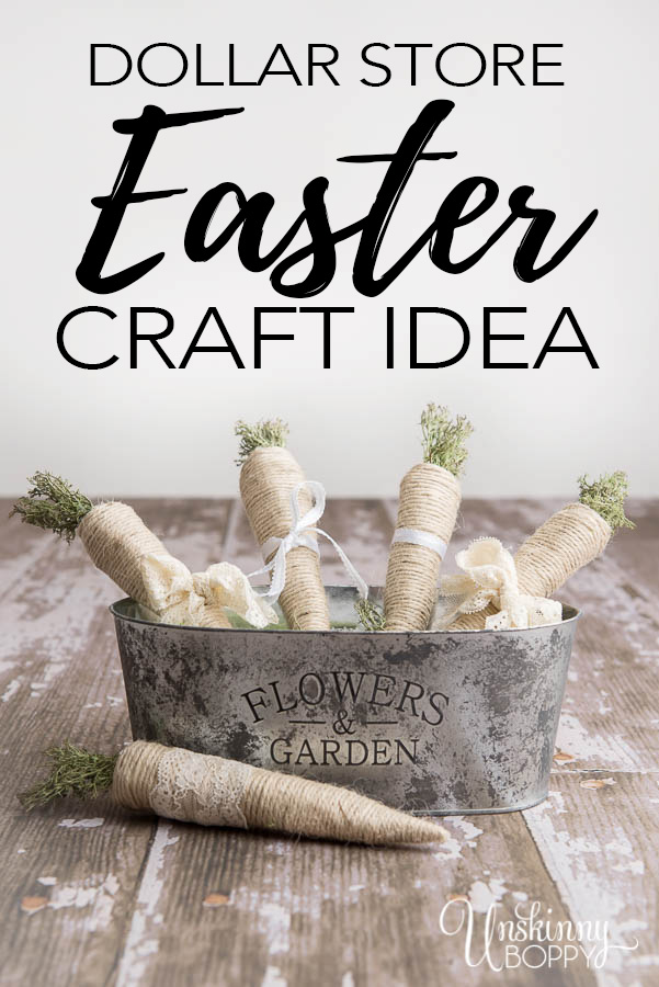 Cute twine carrots in a galvanized bucket for cheap Dollar Store Easter craft idea