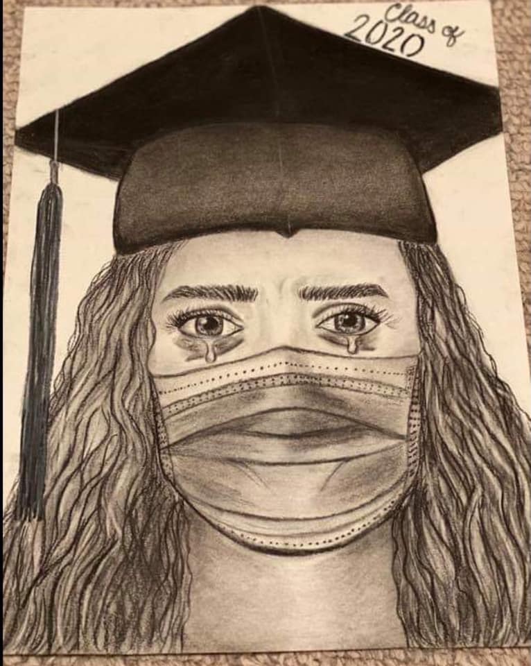 Sketch of Class of 2020 High school graduation cap and gown crying in mask