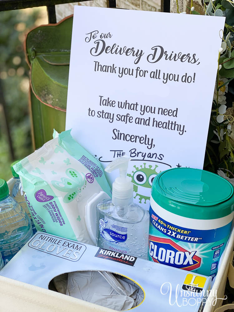 Basket with Sanitizing Products for Delivery Drivers