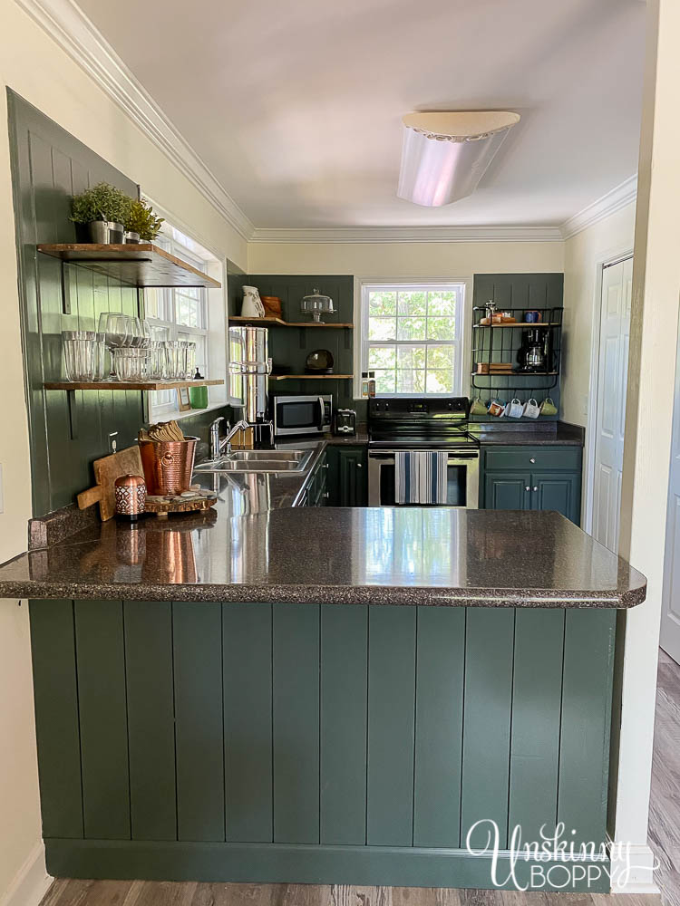 Painted Green Kitchen Cabinets open shelving-15